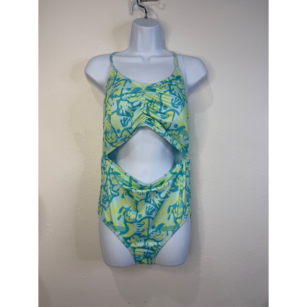 Hurley Girls Turquoise Waves Cutout One Piece Swimsuit Size 16 NWT 488285-BEI